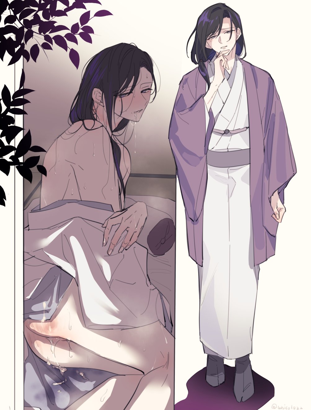 1boy aftersex black_hair cum cum_in_ass drooling full_body half-closed_eyes haori highres japanese_clothes kimono long_hair multiple_views obi original partially_undressed purple_haori sash spanked standing tabi trap white_kimono yunikuso