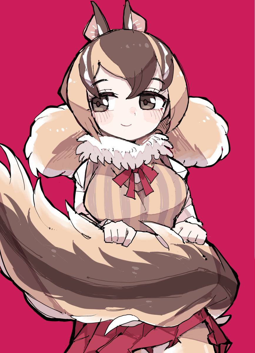 1girl animal_ears brown_eyes brown_hair chipmunk_ears chipmunk_girl chipmunk_tail highres kanmoku-san kemono_friends looking_to_the_side pleated_skirt ribbon siberian_chipmunk_(kemono_friends) siberian_chipmunk_(old_design)_(kemono_friends) simple_background skirt sweater_vest tail