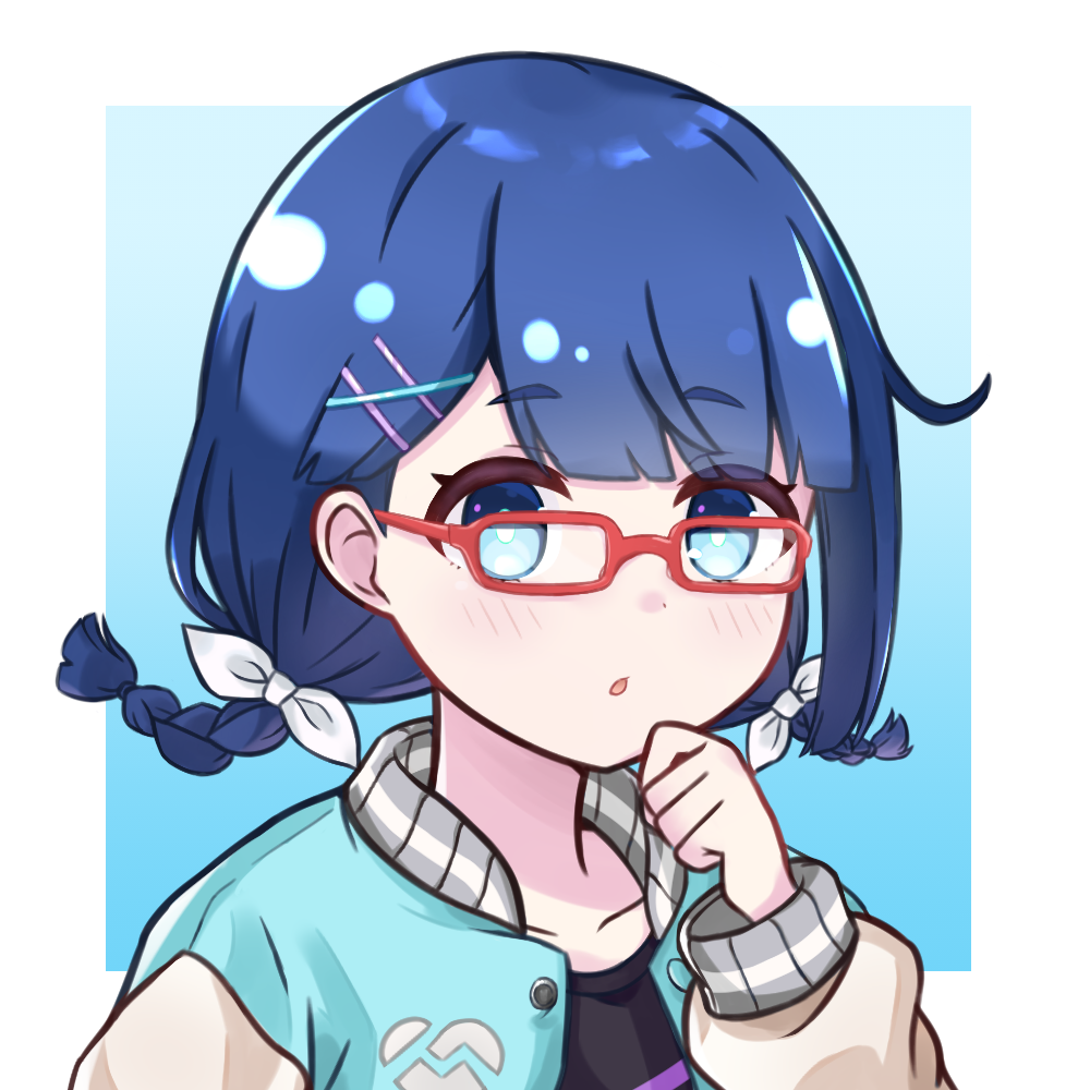 1girl :o black_shirt blue_background blue_eyes blue_hair blush border bow braid clenched_hand collarbone commentary_request glasses hair_bow hair_ornament hand_up iwamotochou_geinousha ixia_(ixia424) jacket letterman_jacket long_sleeves looking_at_viewer marpril open_clothes open_jacket outside_border red-framed_eyewear shirt short_hair solo twin_braids upper_body virtual_youtuber white_border white_bow yata_touka