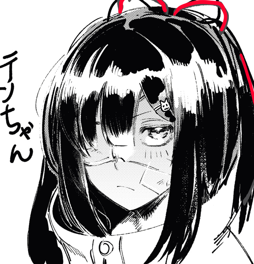 1girl bandaid bandaid_on_face blush closed_mouth eyepatch greyscale hair_ribbon half_updo jacket library_of_ruina madotsuki_ren medical_eyepatch monochrome portrait project_moon red_ribbon ribbon shi_association_south_uniform simple_background solo tenma_(project_moon)