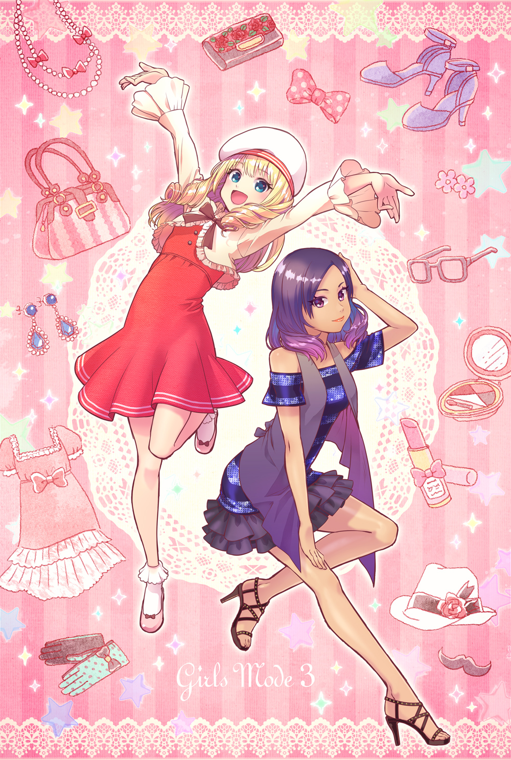 2girls bag blonde_hair blue_eyes border coco_(girls_mode_3) commentary_request cosmetics dark-skinned_female dark_skin dress fashion frilled_sleeves frills girls_mode girls_mode_3:_sparkling_coord handbag hat high_heels highres jumping lace lace_border long_hair looking_at_viewer multiple_girls nono_(girls_mode_3) ornate_border purple_hair red_dress ringlets setoko513 shoes skirt smile star_(symbol) white_hat