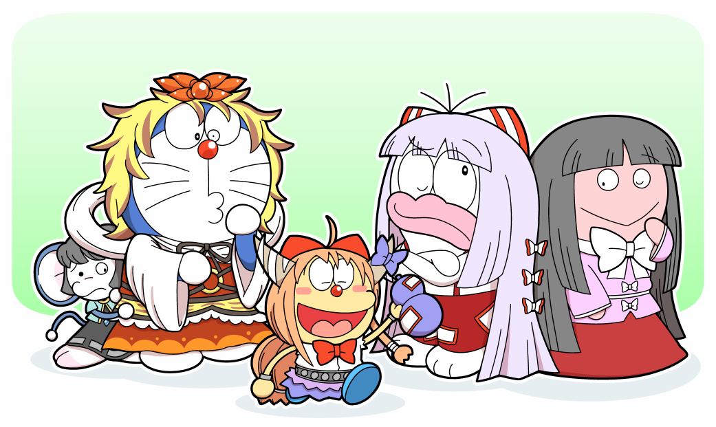 animal_ears bow chinpui chinpui_(chinpui) crossover dora_ita doraemon doraemon_(character) dorompa_(q-tarou) fujiko_f_fujio_(style) fujiwara_no_mokou gourd hair_bow horn_ornament horn_ribbon horns houraisan_kaguya ibuki_suika kiteretsu_daihyakka korosuke mouse_ears mouse_tail nazrin no_humans obake_no_q-tarou parody q-tarou red_nose ribbon style_parody tail toramaru_shou touhou