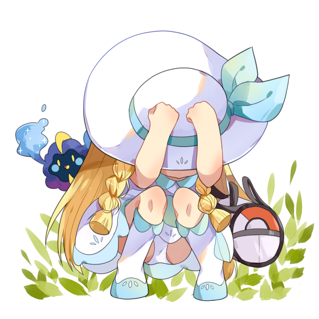 1girl blonde_hair braid commission cosmog covering_head dress full_body gen_7_pokemon hat legendary_pokemon lillie_(pokemon) long_hair nintendo panties pantyshot poke_ball_print pokemon pokemon_(creature) pokemon_sm squatting underwear white_background white_dress white_footwear white_hat white_panties zrae