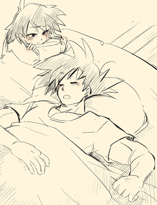 1boy 1girl age_difference ake54 ake_(ake54) bed bed_sheet bedroom blanket blush closed_eyes closed_mouth crossed_arms dragon_ball dragonball_z eyebrows_hidden_by_hair facing_another family floor gine happy head_rest indoors kneeling looking_at_another lying mature_female medium_hair mother_and_son muscular muscular_male on_back on_bed on_floor open_mouth pillow room saiyan sheet_grab shirt short_hair short_sleeves sitting sleeping smile son_goku spiked_hair t-shirt teeth upper_body