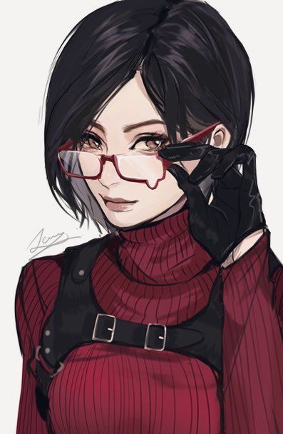 1girl ada_wong adjusting_eyewear black_gloves black_hair brown_eyes closed_mouth commentary dress glasses gloves harness lips long_sleeves meow_(cindy738) red-framed_eyewear red_sweater resident_evil resident_evil_4 resident_evil_4_(remake) ribbed_sweater semi-rimless_eyewear short_hair signature simple_background solo sweater sweater_dress symbol-only_commentary teardrop-framed_glasses turtleneck turtleneck_sweater under-rim_eyewear upper_body