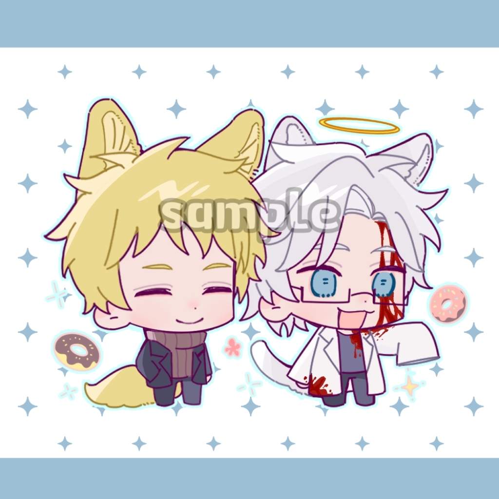 2boys :3 animal_ears artist_request atou_haruki black_pants black_shirt blonde_hair blood blood_from_forehead blood_on_clothes blood_on_face blue_eyes brown_sweater cat_boy cat_ears cat_tail chibi chibi_only closed_eyes closed_mouth commission donut food fox_boy fox_ears fox_tail glasses halo hand_in_pocket jacket kanou_aogu kemonomimi_mode lapels long_sleeves male_focus multiple_boys no_sclera notched_lapels open_clothes open_jacket open_mouth pants rectangular_eyewear ribbed_sweater saibou_shinkyoku sample_watermark second-party_source semi-rimless_eyewear shirt short_hair sleeves_past_fingers sleeves_past_wrists smile sweater tail turtleneck turtleneck_sweater variant_set watermark white_hair