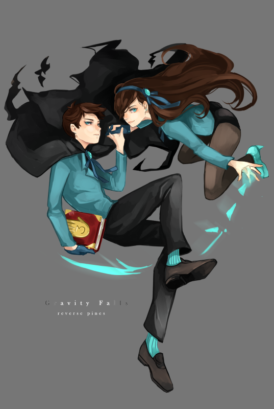 1boy 1girl aged_up alternate_universe aqua_eyes aqua_vest ascot black_shirt blouse book brooch brother_and_sister brown_hair cape collared_shirt dark_persona dipper_gleeful dipper_pines facial_mark forehead_mark formal_clothes gem gloves gravity_falls hair_ornament hairband jewelry leotard long_hair mabel_gleeful mabel_pines magic pantyhose pentagram reverse_falls_(gravity_falls) shirt short_hair siblings swept_bangs twins vest youda