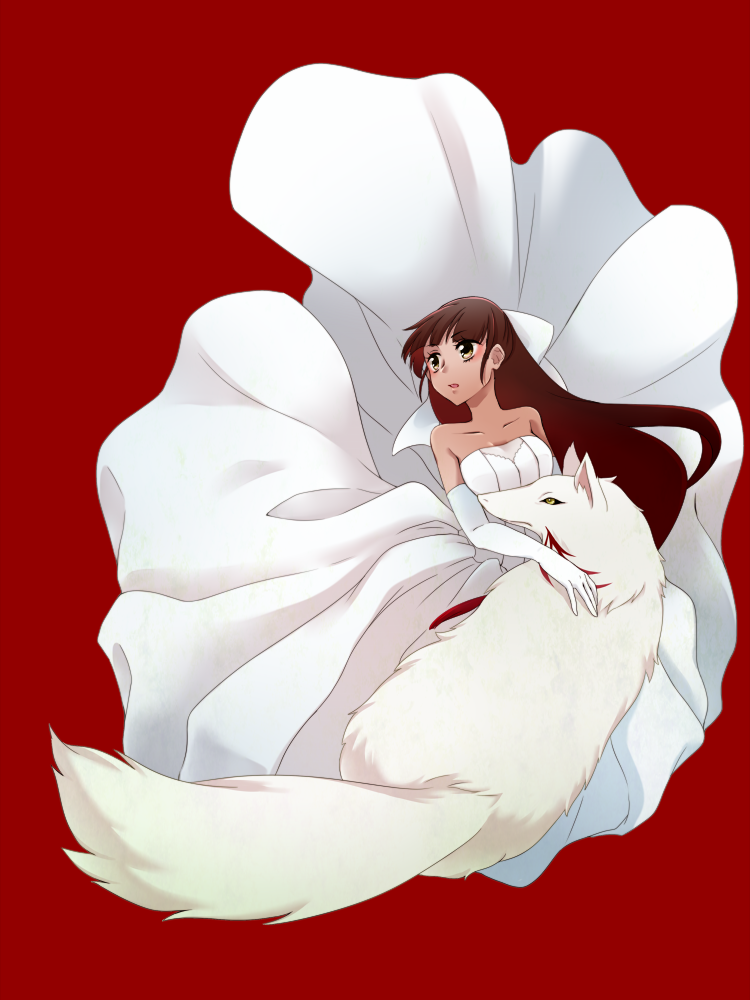 1girl bare_shoulders breasts brown_eyes brown_hair dark_skin dress fate/strange_fake fate_(series) long_hair open_mouth red_background tine_chelc wolf