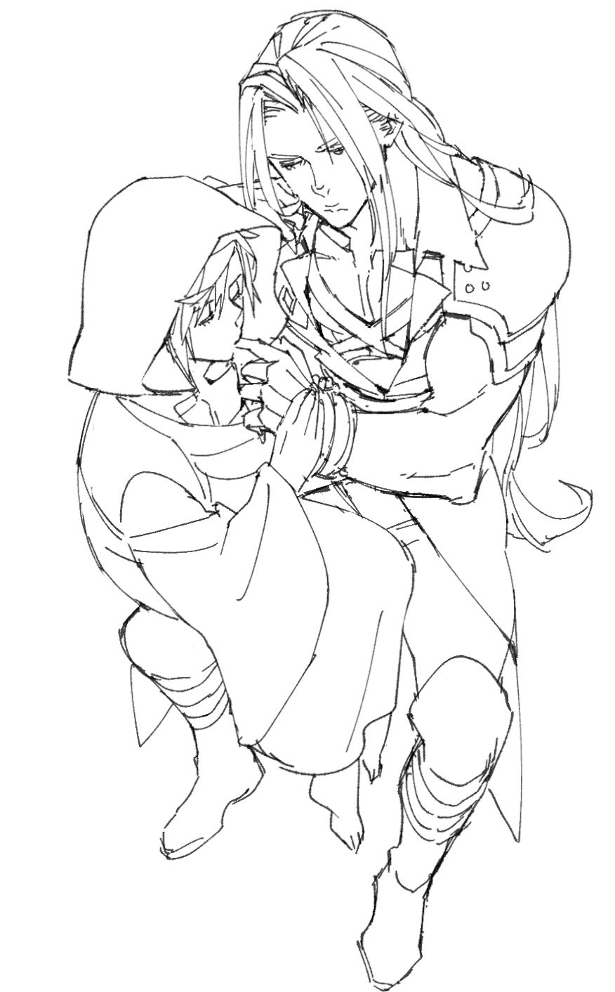 2boys armor barefoot bracer chest_strap closed_eyes cloud_strife collarbone expressionless final_fantasy final_fantasy_vii final_fantasy_vii_remake finger_sucking foreshortening from_above full_body hand_up highres hood hood_up invisible_chair long_coat long_hair male_focus monochrome multiple_boys official_alternate_costume on_lap pauldrons pectorals robe ryouto sephiroth shoulder_armor sitting sketch toned toned_male yaoi