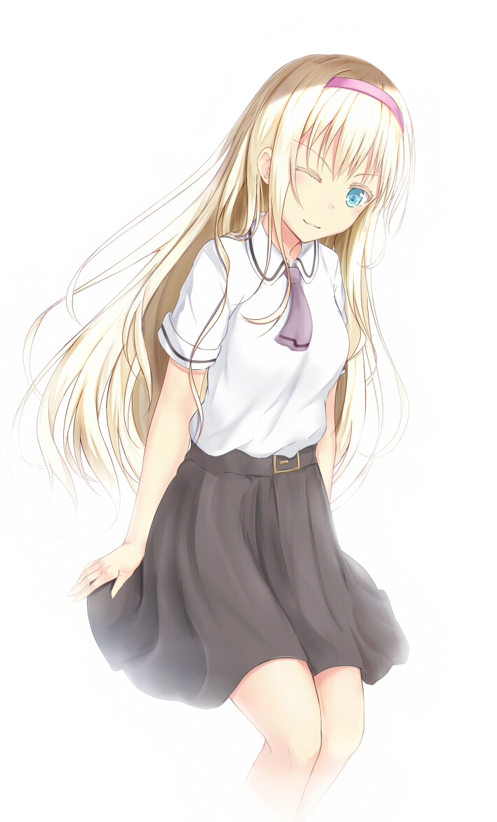 1girl :3 arms_at_sides asobi_asobase belt blonde_hair blue_eyes blush breasts brown_skirt closed_mouth collared_shirt female_focus hairband long_hair looking_at_viewer muwa12 olivia_(asobi_asobase) one_eye_closed shirt short_sleeves simple_background skirt small_breasts smile solo white_background white_shirt