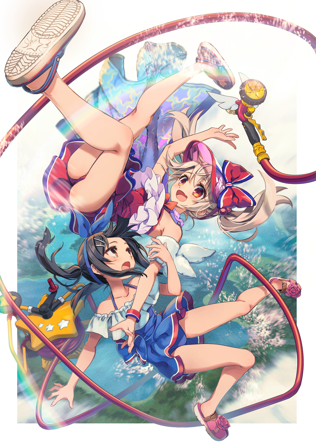 bare_shoulders black_hair blue_one-piece_swimsuit blush breasts brown_eyes cape collarbone cosplay dress_swimsuit fate/grand_order fate/kaleid_liner_prisma_illya fate_(series) highres hiroyama_hiroshi hose hose_nozzle illyasviel_von_einzbern illyasviel_von_einzbern_(swimsuit_archer) illyasviel_von_einzbern_(swimsuit_archer)_(cosplay) illyasviel_von_einzbern_(swimsuit_archer)_(second_ascension) inflatable_armbands long_hair magical_ruby magical_ruby_(hose) miyu_edelfelt one-piece_swimsuit open_mouth orange_eyes pink_cape red_one-piece_swimsuit small_breasts smile star_(symbol) star_print swimsuit thighs twintails visor_cap white_hair