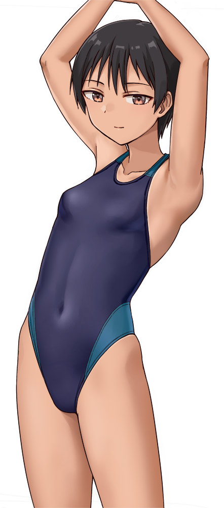 1girl armpits arms_up black_hair black_one-piece_swimsuit breasts brown_eyes competition_swimsuit covered_navel dark-skinned_female dark_skin hashi highleg highleg_one-piece_swimsuit one-piece_swimsuit original short_hair simple_background small_breasts solo swimsuit tomboy two-tone_swimsuit white_background