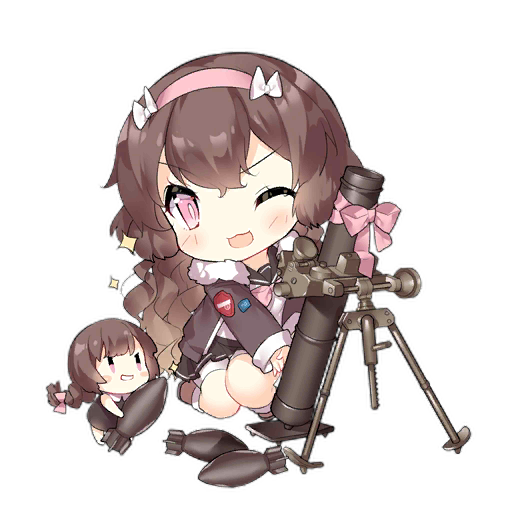 2girls :d ammunition artillery_fairy_(girls&#039;_frontline) badge black_sailor_collar black_skirt blush blush_stickers bomb bow bowtie braid brown_dress brown_hair brown_jacket brown_shoes button_badge chibi dress explosive fairy_(girls&#039;_frontline) full_body fur-trimmed_jacket fur_trim girls&#039;_frontline grin hair_bow hair_down hairband holding holding_bomb jacket kneeling long_hair long_sleeves looking_at_viewer mortar_(weapon) mortar_shell multiple_girls official_art one_eye_closed open_mouth pink_bow pink_bowtie pink_eyes pink_hairband pink_ribbon ribbon sailor_collar saru shirt shoes shorts simple_background single_braid skirt slit_pupils smile sparkle third-party_source transparent_background v-shaped_eyes white_bow white_shirt white_shorts |_|