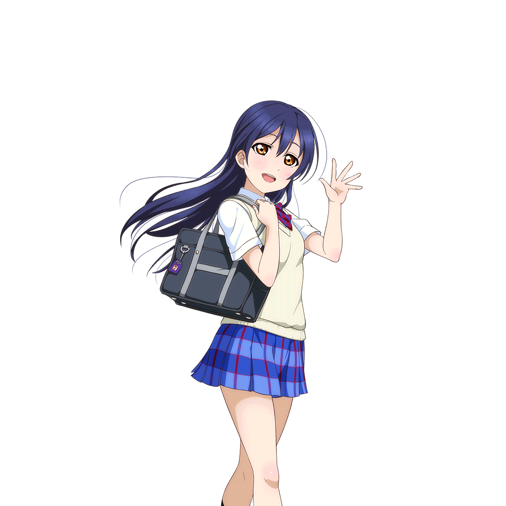 1girl :d anime_coloring bag bag_charm black_socks blue_hair blue_skirt blush bow bowtie brown_sweater_vest charm_(object) diagonal-striped_bow diagonal-striped_bowtie diagonal-striped_clothes dress_shirt feet_out_of_frame from_side hands_up holding holding_bag long_hair looking_at_viewer love_live! love_live!_school_idol_festival love_live!_school_idol_project miniskirt official_art omamori open_hand open_mouth otonokizaka_school_uniform palms plaid_clothes plaid_skirt pleated_skirt red_bow red_bowtie school_bag school_uniform shirt short_sleeves skirt smile socks solo sonoda_umi spread_fingers standing striped_clothes summer_uniform sweater_vest teeth transparent_background upper_teeth_only waving white_shirt yellow_eyes