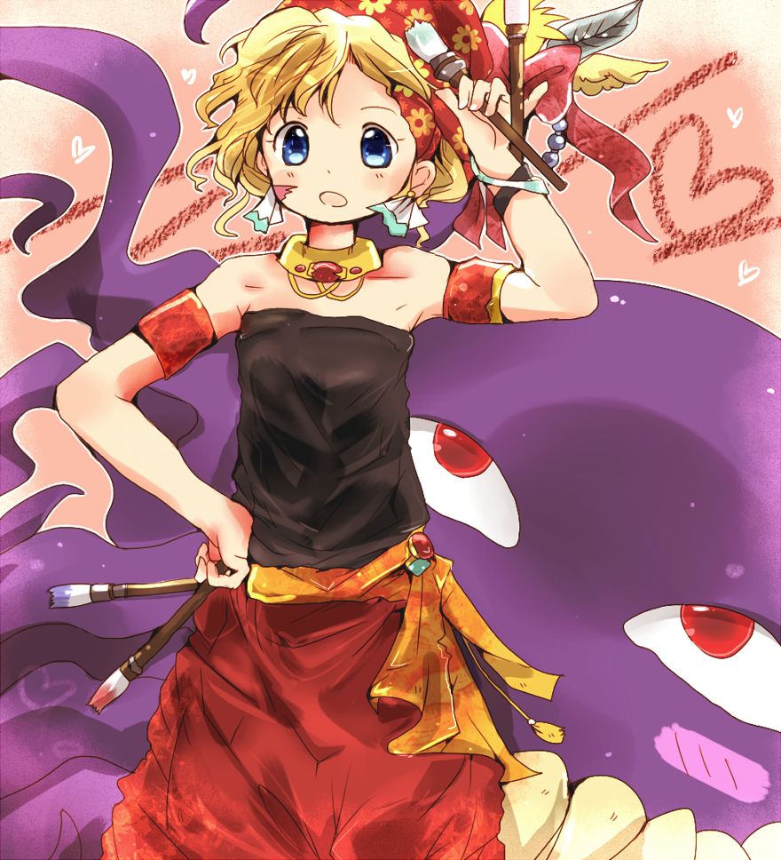 1990s_(style) 1boy 1girl art_brush belt blonde_hair blue_eyes blush_stickers bracelet dress earrings feathers final_fantasy final_fantasy_vi heart jewelry necklace open_mouth ultros paintbrush red_eyes relm_arrowny short_hair shorts strapless strapless_dress taruton tube_top
