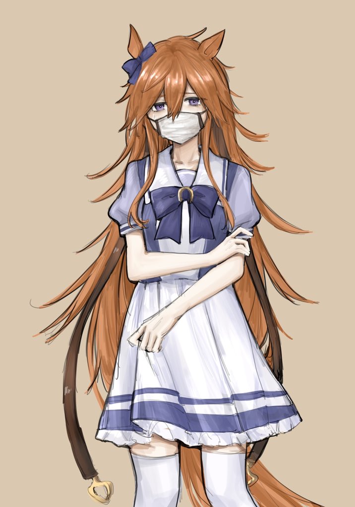 1girl aburi-gatana animal_ears bow brown_background cowboy_shot ear_bow holding_own_arm horse_ears horse_girl horse_tail long_hair looking_at_viewer mask mouth_mask orange_hair orfevre_(old_design)_(umamusume) puffy_short_sleeves puffy_sleeves purple_eyes purple_shirt sailor_collar school_uniform shirt short_sleeves simple_background skirt solo standing surgical_mask tail thighhighs tracen_school_uniform umamusume white_skirt white_thighhighs