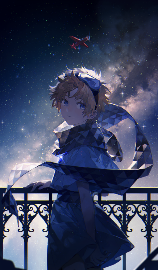 1boy aircraft airplane aviator_goggles backlighting baggy_clothes bishounen blonde_hair blue_eyes closed_mouth commentary cowboy_shot fate/grand_order fate_(series) floating_scarf galaxy goggles goggles_on_head hand_on_railing looking_at_viewer looking_back male_focus night official_art print_sash print_scarf rella sash scarf short_hair sky smile solo space sparkle standing star_(sky) starry_sky third-party_source triangle_print tunic voyager_(fate) white_tunic