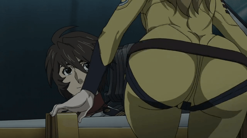 10s 1boy 1girl 2018 aircraft airship animated animated_gif anime_screenshot ass blonde_hair bodysuit breasts brown_eyes brown_hair climbing_ladder from_behind hair_between_eyes huge_ass kodai_susumu long_hair lowres medium_breasts military military_uniform mori_yuki science_fiction short_hair skin_tight smile spaceship tagme uchuu_senkan_yamato uchuu_senkan_yamato_2199 uchuu_senkan_yamato_2202:_ai_no_senshi-tachi wide_hips