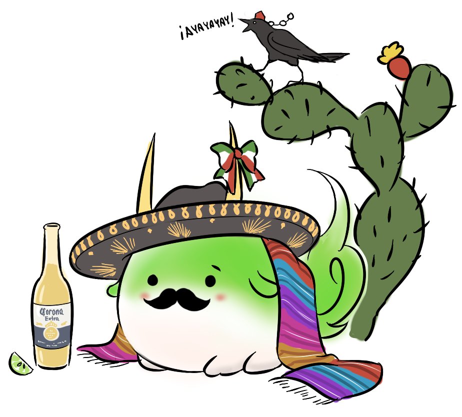 alcohol beer blush bottle bow cactus commentary corona_(brand) ex-keine facial_hair food fruit hat horn_bow horn_ornament horns kamishirasawa_keine kamishirasawa_keine_(hakutaku) lime_(fruit) mefomefo mexico mustache no_humans product_placement pun scarf shameimaru_aya shameimaru_aya_(crow) simple_background solid_circle_eyes solo sukusuku_hakutaku tail tokin_hat touhou