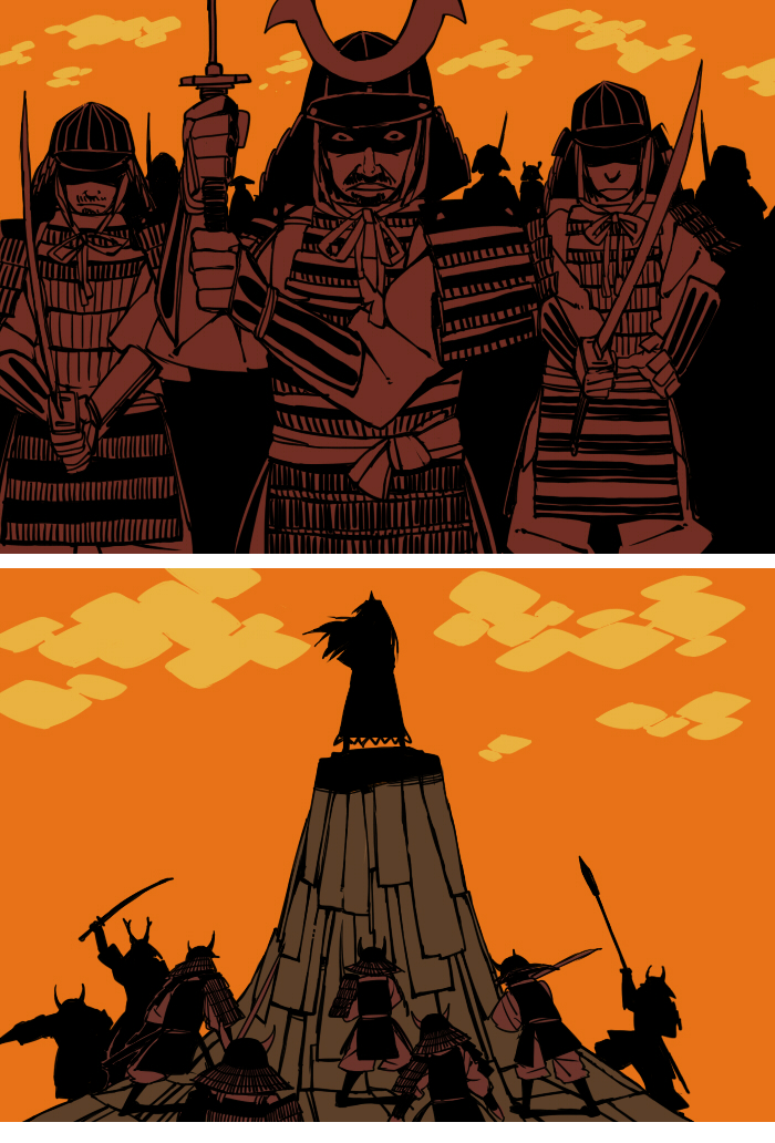 1girl 6+boys bad_id bad_pixiv_id comic hoshiguma_yuugi japanese_clothes katana multiple_boys samurai silent_comic sword touhou weapon yaza