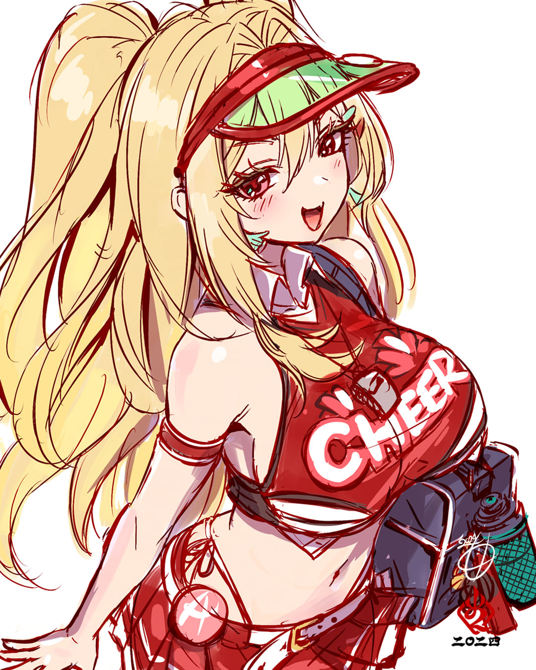1girl :d armband bare_shoulders blonde_hair blush breasts cheerleader clay_(nikke) earrings fang from_above goddess_of_victory:_nikke headgear highleg highres jewelry kanchiyo large_breasts long_hair navel open_mouth panties pleated_skirt red_eyes sideboob sidelocks skirt smile solo string_panties underwear white_background