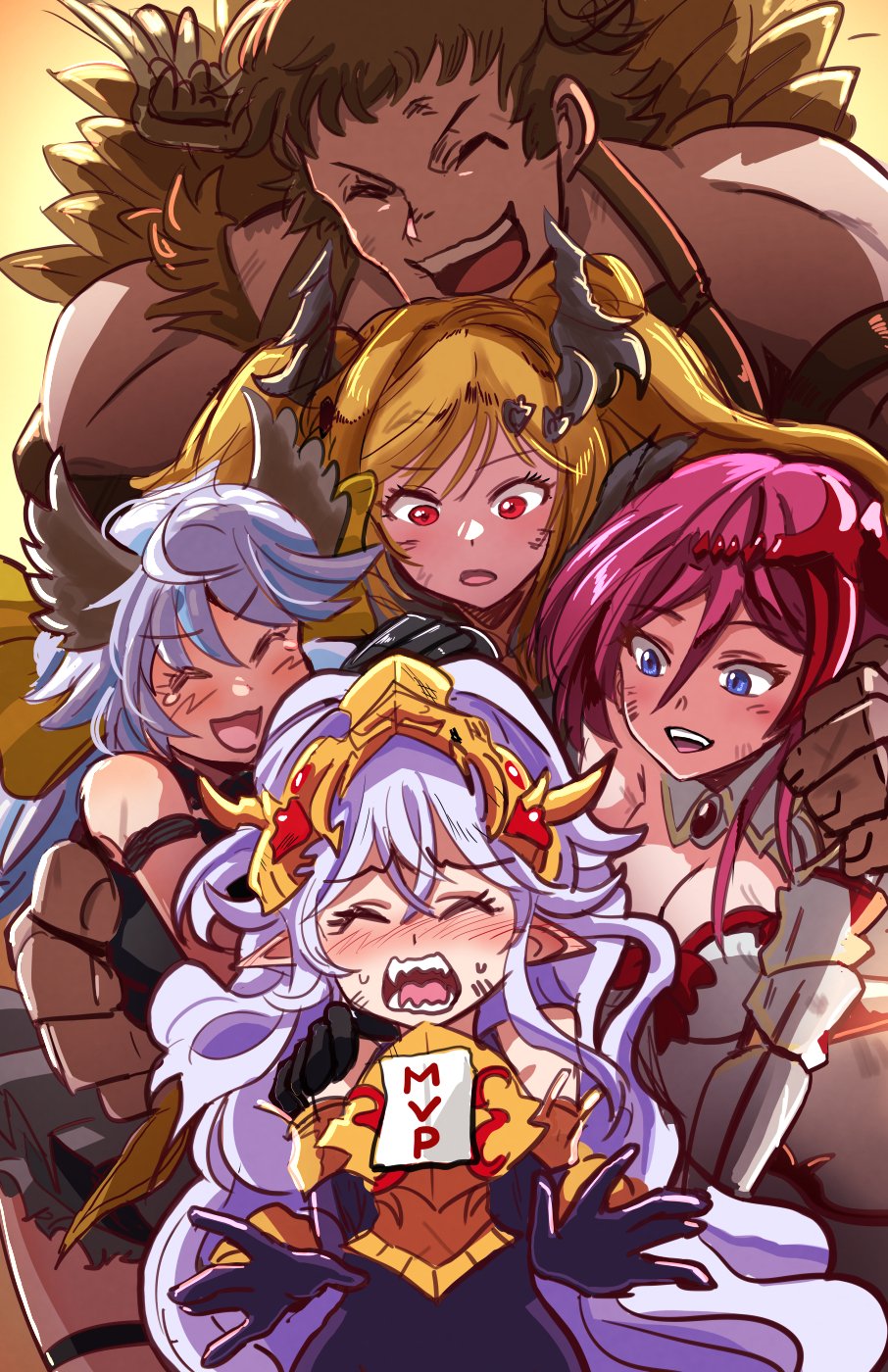 1boy 4girls blonde_hair blue_eyes breasts dark_angel_olivia fujioka_yatsufusa godsworn_alexiel granblue_fantasy grey_hair hair_between_eyes highres long_hair medusa_(shingeki_no_bahamut) multiple_girls post_guild_war_celebration red_eyes red_hair satyr_(granblue_fantasy) sharp_teeth smile teeth uriel_(granblue_fantasy) very_long_hair