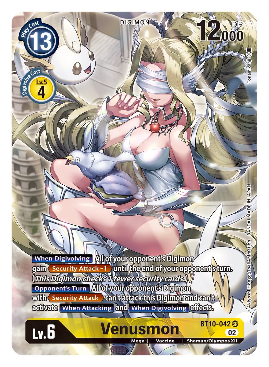 1girl 2others armored_boots bare_shoulders bird blindfold blonde_hair boots breasts card_(medium) choker cleavage commentary creature cupimon digimon digimon_(creature) digimon_card_game dove dress drill_hair english_commentary english_text floating floating_hair full_body hand_up highres holding hotan_(digimon) jewelry large_breasts long_hair multiple_others necklace o-ring o-ring_bottom official_art olive_(digimon) panties parted_bangs parted_lips puttimon scallop second-party_source sidelocks smile solo_focus strapless strapless_dress thighs tonami_kanji underwear vambraces venusmon very_long_hair white_dress white_panties wing_ears
