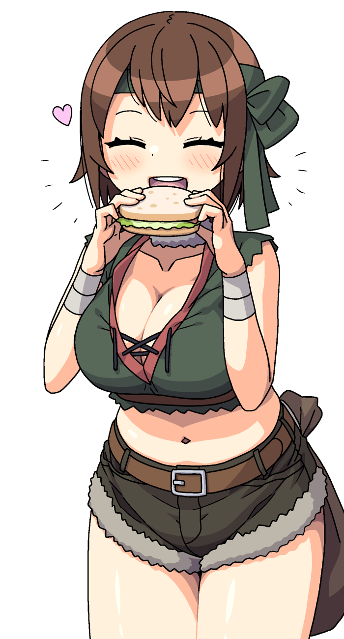 1girl blush breasts brown_hair cleavage closed_eyes collarbone crop_top eating food green_headband headband heart highres holding holding_food large_breasts maruput midriff navel open_mouth original sandwich short_hair short_shorts shorts solo thighs