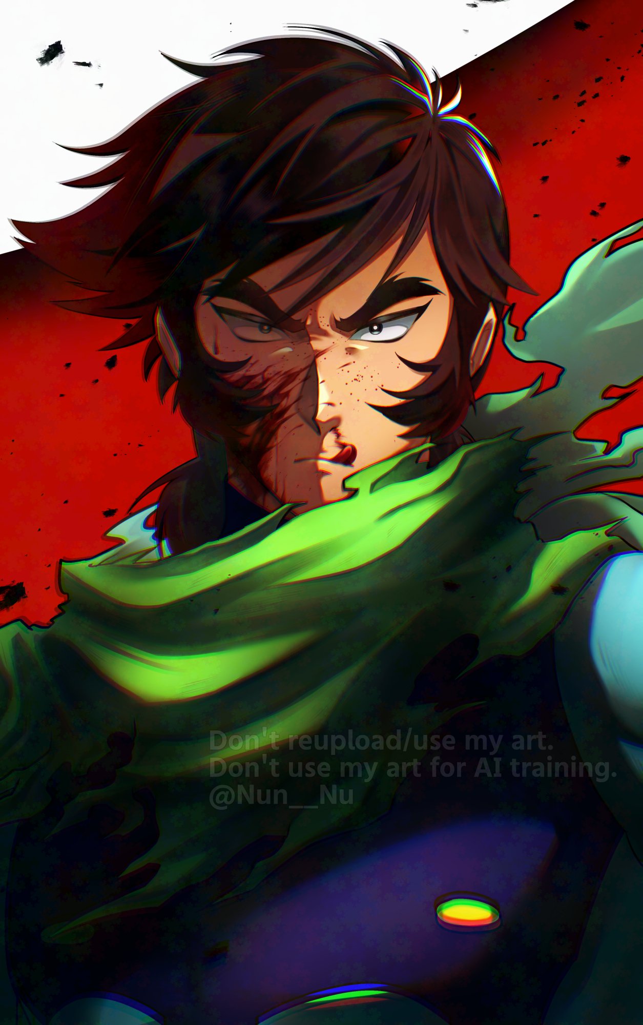 1boy blood blood_on_clothes blue_bodysuit bodysuit bright_pupils frown getter_robo getter_robo_(classic) green_scarf highres long_sideburns looking_at_viewer male_focus mecha_pilot_suit nagare_ryoma nosebleed nun_nu_(nun) portrait scarf short_hair sideburns solo thick_eyebrows tongue tongue_out torn_clothes torn_scarf white_pupils