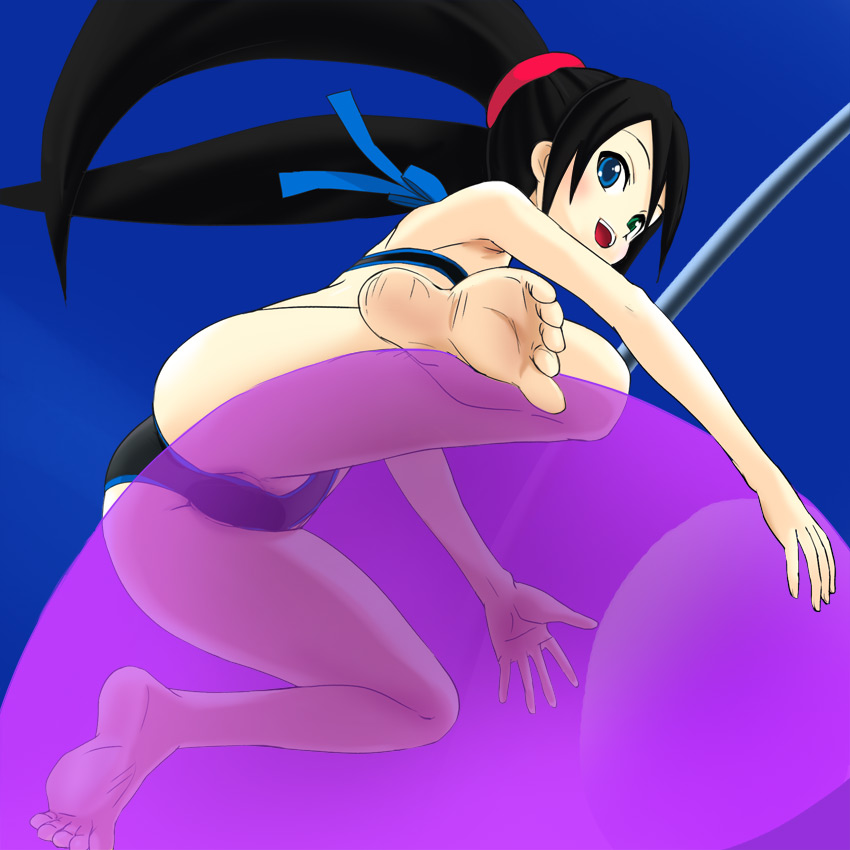 1girl ass barefoot black_hair blue_eyes feet hair_ornament haruyama_kazunori long_hair looking_at_viewer open_mouth sega_hard_girls sega_saturn_(sega_hard_girls) smile solo swimsuit twintails
