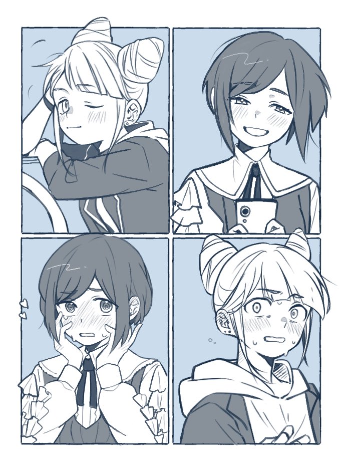 2girls blush collared_shirt commentary_request cone_hair_bun constricted_pupils double_bun frilled_shirt frilled_sleeves frills fukurai_azami hair_bun hands_on_own_cheeks hands_on_own_face heart holding holding_phone jasmine_(toshi_densetsu_kaitai_center) long_sleeves looking_at_another looking_at_viewer monochrome multiple_girls multiple_views nervous_sweating one_eye_closed open_mouth p96 phone shirt short_hair smile surprised sweat toshi_densetsu_kaitai_center upper_body