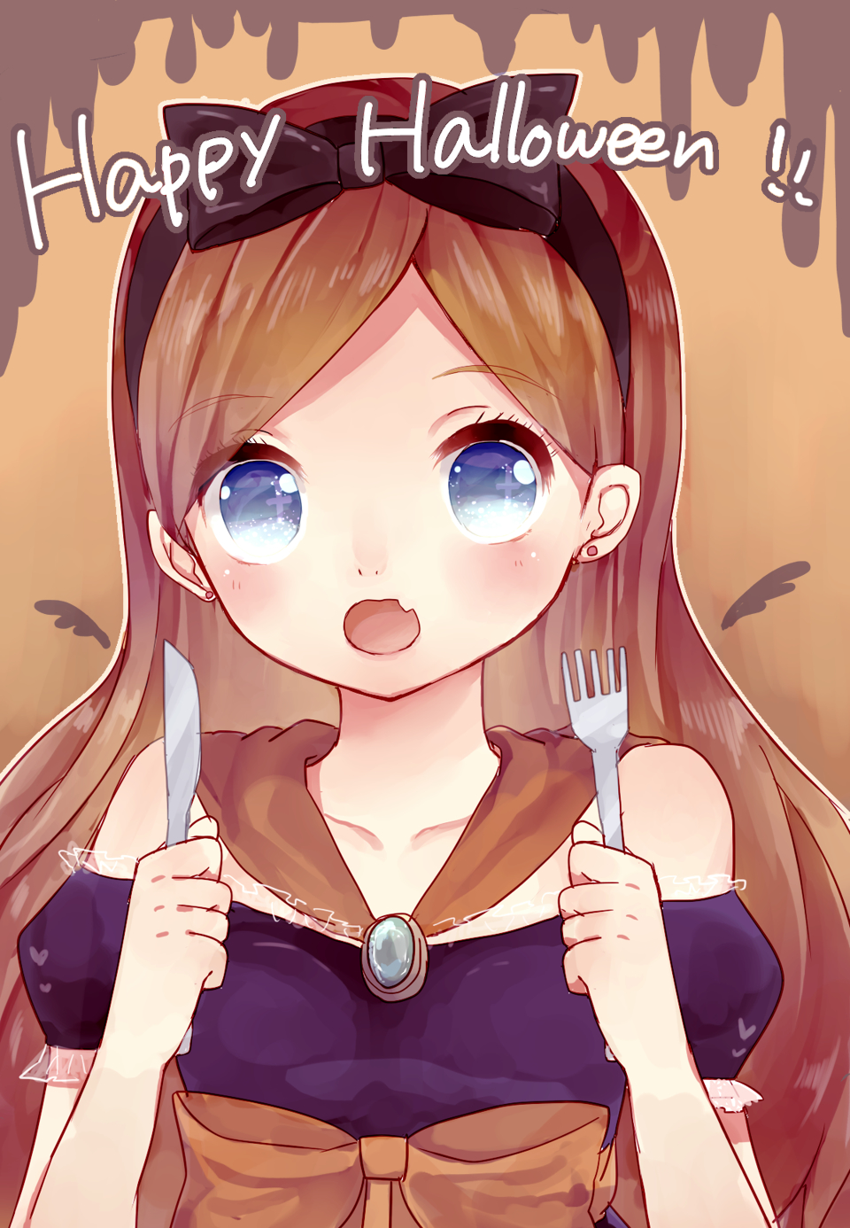 1girl aqua_gemstone black_bow black_dress black_hairband blue_eyes bow bow_hairband cape collarbone commentary_request dragon_quest dragon_quest_x dress earrings fang fork hairband happy_halloween highres holding holding_fork holding_knife jewelry knife long_hair looking_at_viewer off_shoulder open_mouth orange_bow orange_cape orange_hair parted_hair rukoria_(dq10) skin_fang stud_earrings upper_body waist_bow yupi_(yuyupiko01)