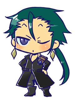 1990s_(style) 1boy ahoge akuyuu_(akuyuworld) boots chibi closed_mouth coat copyright_request desch dot_mouth earrings final_fantasy final_fantasy_iii full_body hands_on_own_hips jewelry long_hair looking_at_viewer lowres male_focus one_eye_closed ponytail purple_eyes retro_artstyle simple_background solo standing white_background wink