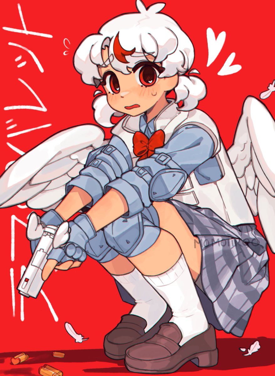 1girl blush_stickers bow bowtie brown_footwear commentary english_commentary feathered_wings fingerless_gloves gloves gun holding holding_gun holding_weapon jacket koharu_(love-bullet) looking_at_viewer love-bullet momoiiroo multicolored_hair pleated_skirt red_background red_bow red_bowtie red_eyes school_uniform short_hair skirt socks squatting twitter_username weapon white_socks wings