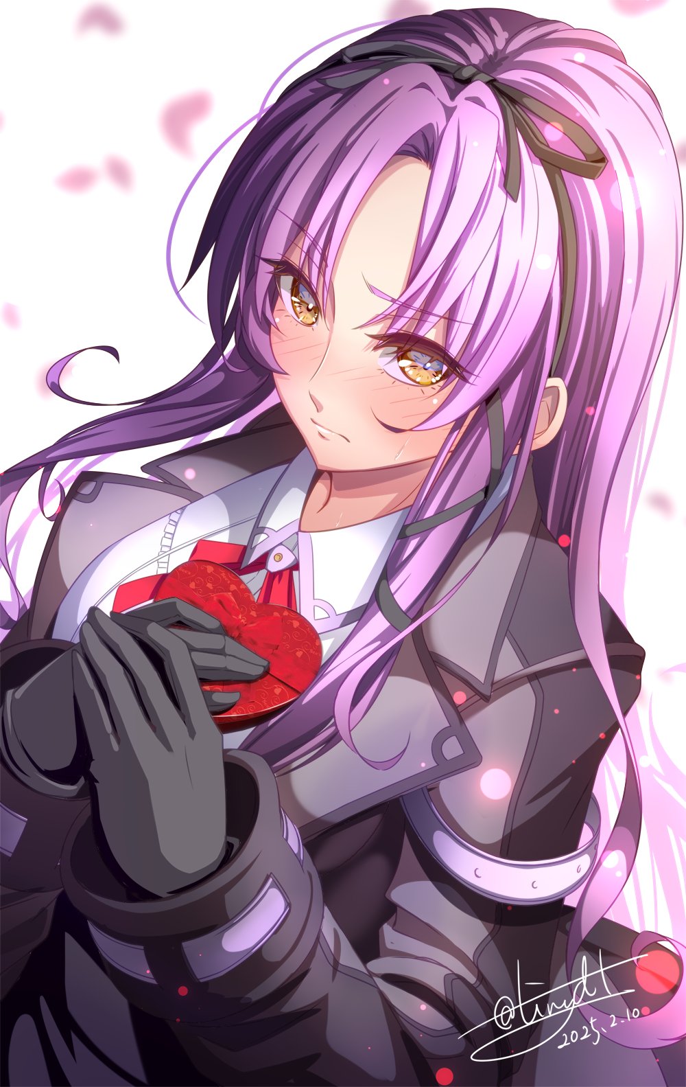1girl black_gloves blurry blurry_background blush bolo_tie bow box coat curtained_hair dated eiyuu_densetsu embarrassed falling_petals floating_hair gift gift_box gloves hair_bow hair_ribbon heart-shaped_box highres holding holding_gift kai_no_kiseki kuro_no_kiseki_(series) long_hair looking_at_viewer parted_bangs petals purple_hair renne_(eiyuu_densetsu) ribbon rose_petals sidelocks signature simple_background tinybiard twitter_username upper_body