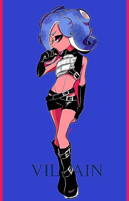 1girl armor bare_shoulders belt belt_buckle black_belt black_boots black_gloves black_shirt black_shorts boots breastplate buckle closed_mouth commentary_request crop_top elbow_gloves flipped_hair full_body gloves hand_to_own_mouth hand_up imaikuy0 looking_at_viewer medium_hair midriff nintendo pillarboxed pink_eyes purple_background purple_hair shirt shorts solo splatoon_(series) standing takozonesu tentacle_hair turtleneck turtleneck_shirt v-shaped_eyebrows