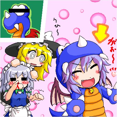 3girls :d :o =_= apron arrow_(symbol) bar_censor bell blonde_hair blood blue_hair blush bow braid censored censored_identity closed_eyes cosplay dinosaur fang female_focus frills hair_ribbon hands_on_another&#039;s_head hat hat_bow izayoi_sakuya jingle_bell kirisame_marisa long_hair lowres maid maid_apron maid_headdress mario_(series) motion_lines multiple_girls myonde nintendo nosebleed oekaki open_mouth parody remilia_scarlet rex rex_(cosplay) rex_(mario) rex_(super_mario_world) rex_(super_mario_world)_(cosplay) ribbon short_hair silver_hair smile super_mario_world super_marisa_world touhou twin_braids waist_apron wings witch_hat