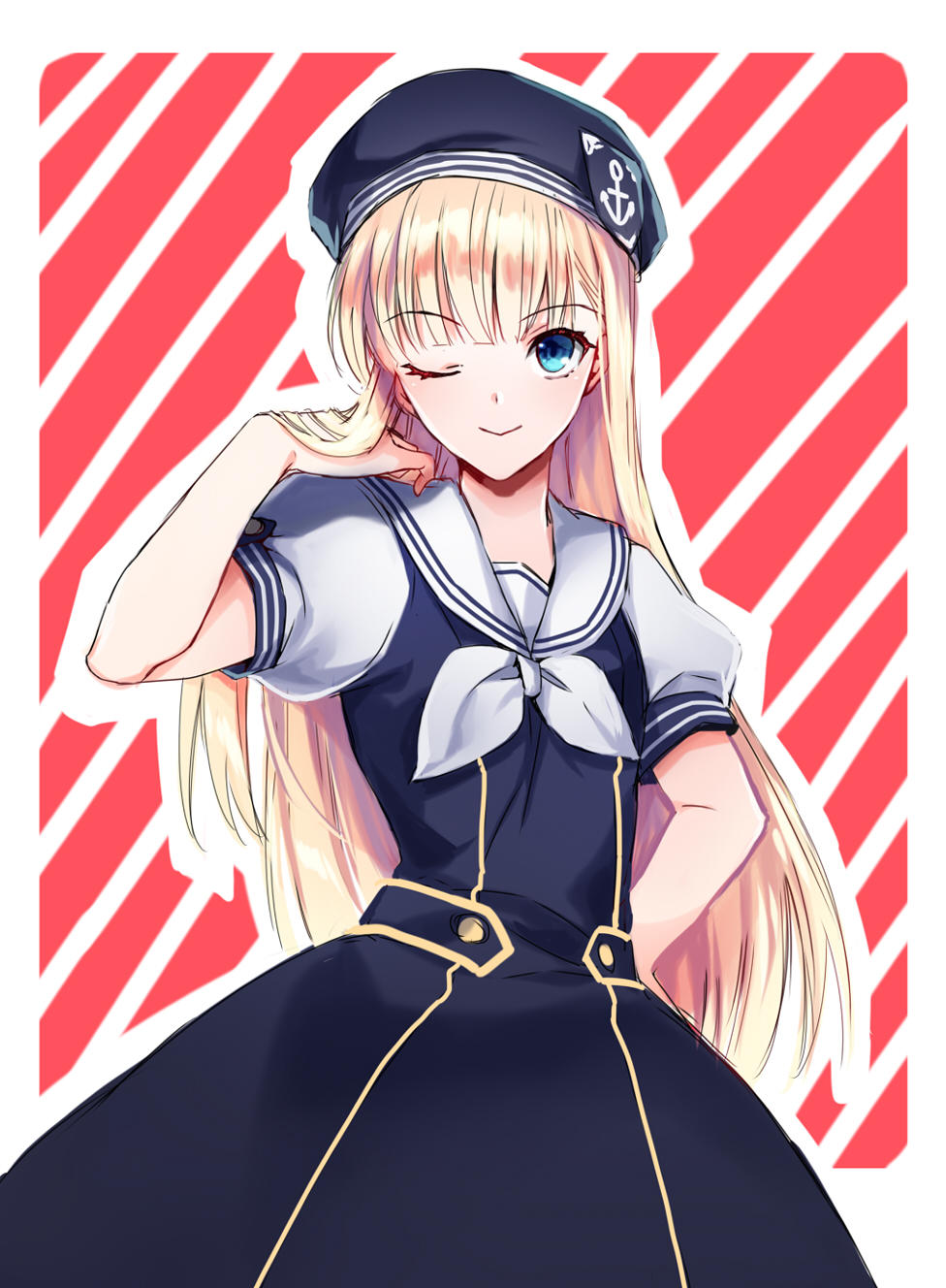 1girl black_dress blonde_hair blue_eyes commentary_request diagonal-striped_background dress fate/apocrypha fate_(series) hand_in_own_hair highres one_eye_closed puffy_short_sleeves puffy_sleeves reines_el-melloi_archisorte sailor_collar sailor_dress short_sleeves solo striped_background white_sailor_collar ycco_(estrella)