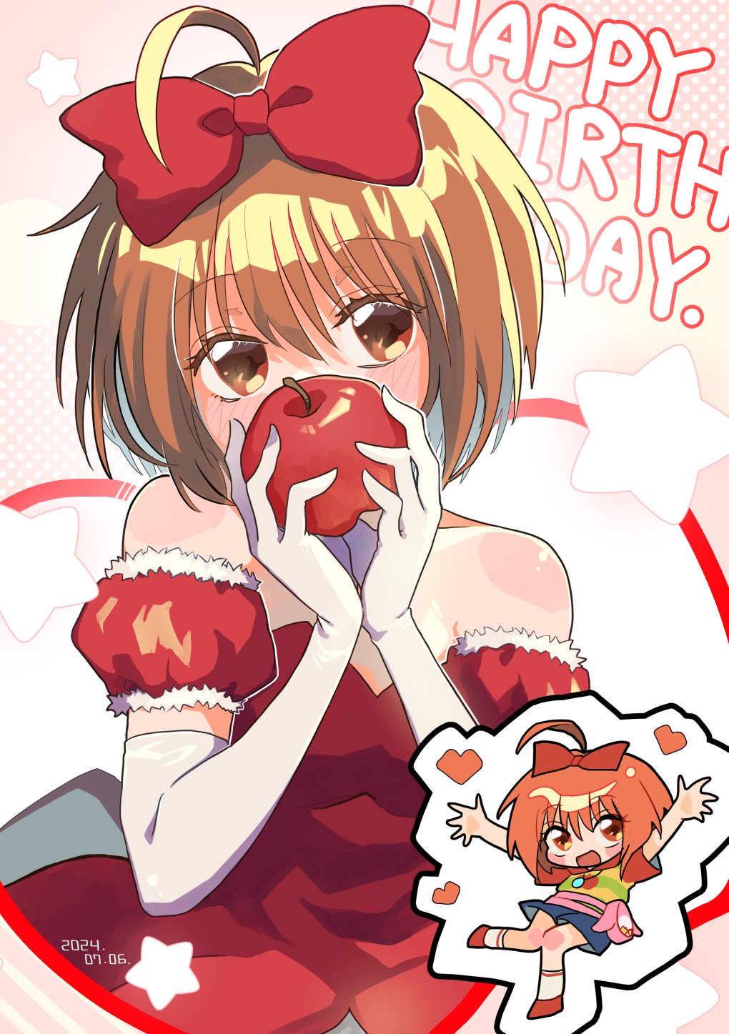 2girls ahoge akai_ringo_(tokyo_mew_mew) apple bow breasts brown_eyes brown_hair chibi chibi_inset commentary_request detached_sleeves dress dual_persona english_text food fruit gloves hair_bow happy_birthday highres holding holding_food holding_fruit hs1122 looking_at_viewer magical_girl mew_ringo multiple_girls name_connection object_namesake puffy_detached_sleeves puffy_sleeves red_bow red_dress short_hair small_breasts solo_focus strapless strapless_dress tokyo_mew_mew white_gloves