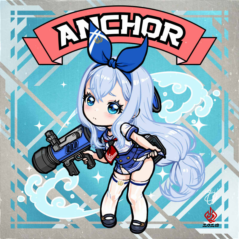 1girl anchor_(nikke) blue_dress blue_hair blue_ribbon blue_sailor_collar blue_skirt blush character_name chibi dress frown goddess_of_victory:_nikke hair_ribbon holding holding_weapon kanchiyo leaning_forward light_blue_hair long_hair neckerchief pleated_skirt red_neckerchief ribbon rocket_launcher sailor_collar see-through_clothes see-through_shirt shirt skirt solo thighhighs weapon white_thighhighs