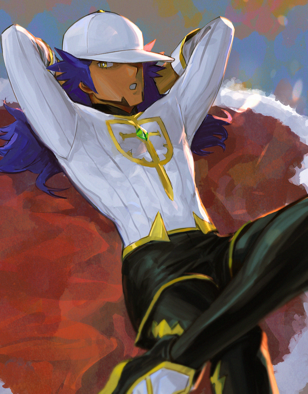 1boy arms_behind_head black_leggings black_shoes black_shorts bright_pupils cape commentary crossed_legs dark-skinned_male dark_skin fur-trimmed_cape fur_trim go-lurk hat highres lance_(pokemon) leggings leon_(arc_suit)_(pokemon) long_hair looking_at_viewer lying male_focus nintendo official_alternate_costume on_back pokemon pokemon_masters_ex red_cape ribbed_shirt shirt shoes shorts solo teeth white_hat white_pupils white_shirt yellow_eyes