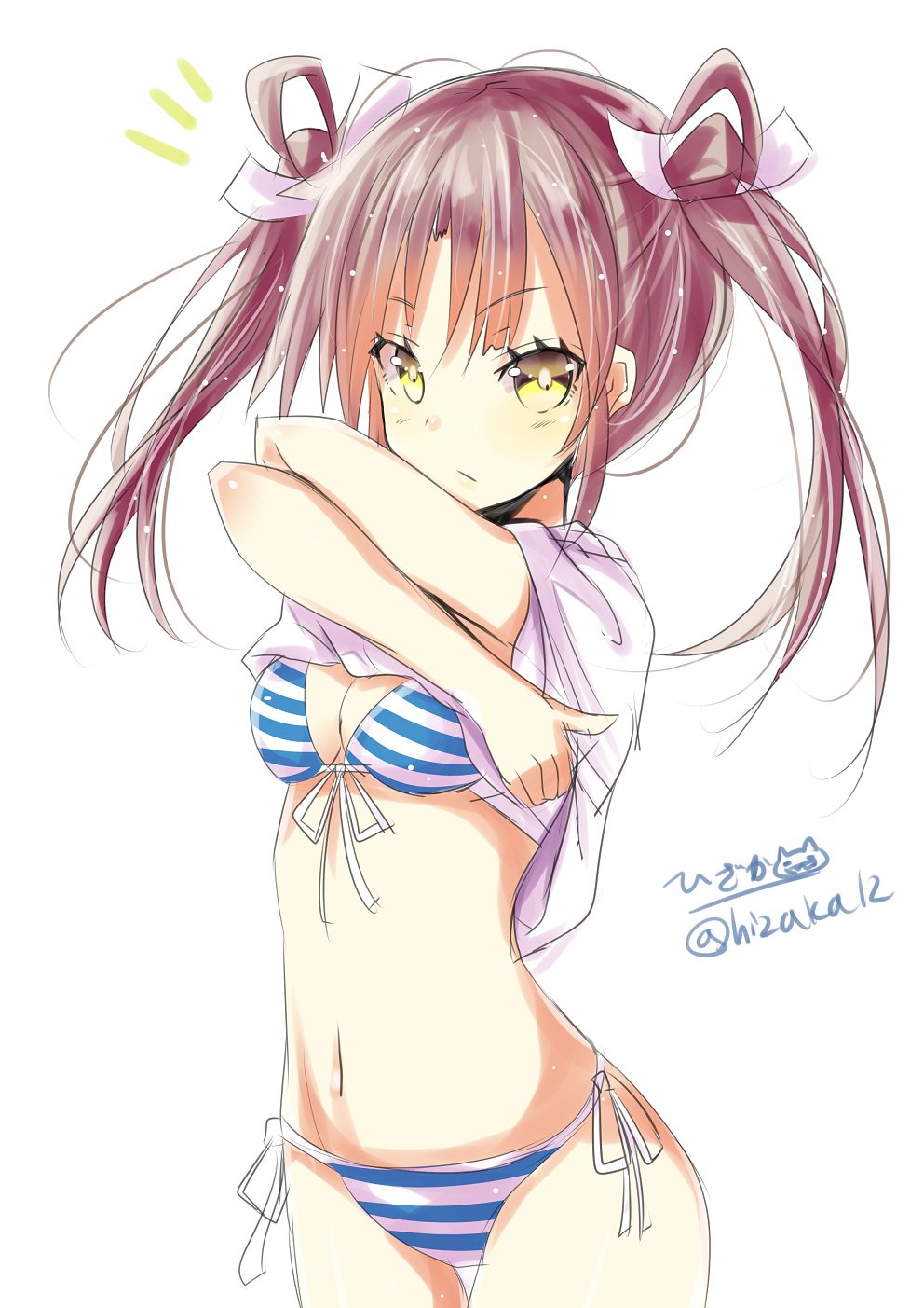 10s 1girl :/ ^^^ bikini blush breasts brown_hair cleavage closed_mouth cowboy_shot eyebrows female_focus front-tie_bikini_top front-tie_top hair_ribbon hands_up highres hizaka kantai_collection long_hair looking_at_viewer medium_breasts navel ribbon short_sleeves side-tie_bikini_bottom simple_background solo standing stomach striped_bikini striped_clothes swimsuit thigh_gap twintails twitter_username undressing white_background white_ribbon yellow_eyes zuikaku_(kancolle)