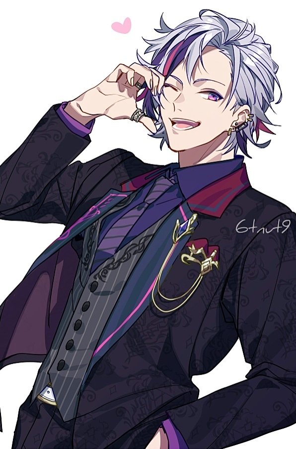 1boy 6tnut9 belt black_jacket black_pants buttons collared_shirt commentary ear_piercing earrings formal_clothes fuwa_minato fuwa_minato_(2nd_costume) grey_hair grey_vest hand_in_pocket heart jacket jewelry long_sleeves looking_at_viewer male_focus multicolored_hair multiple_earrings necklace necktie nijisanji one_eye_closed open_clothes open_jacket open_mouth pants piercing pink_hair purple_eyes purple_hair purple_necktie purple_shirt ring shirt simple_background smile solo streaked_hair striped_clothes striped_necktie striped_vest suit symbol-only_commentary teeth upper_body vertical-striped_clothes vertical-striped_vest vest virtual_youtuber white_background white_belt