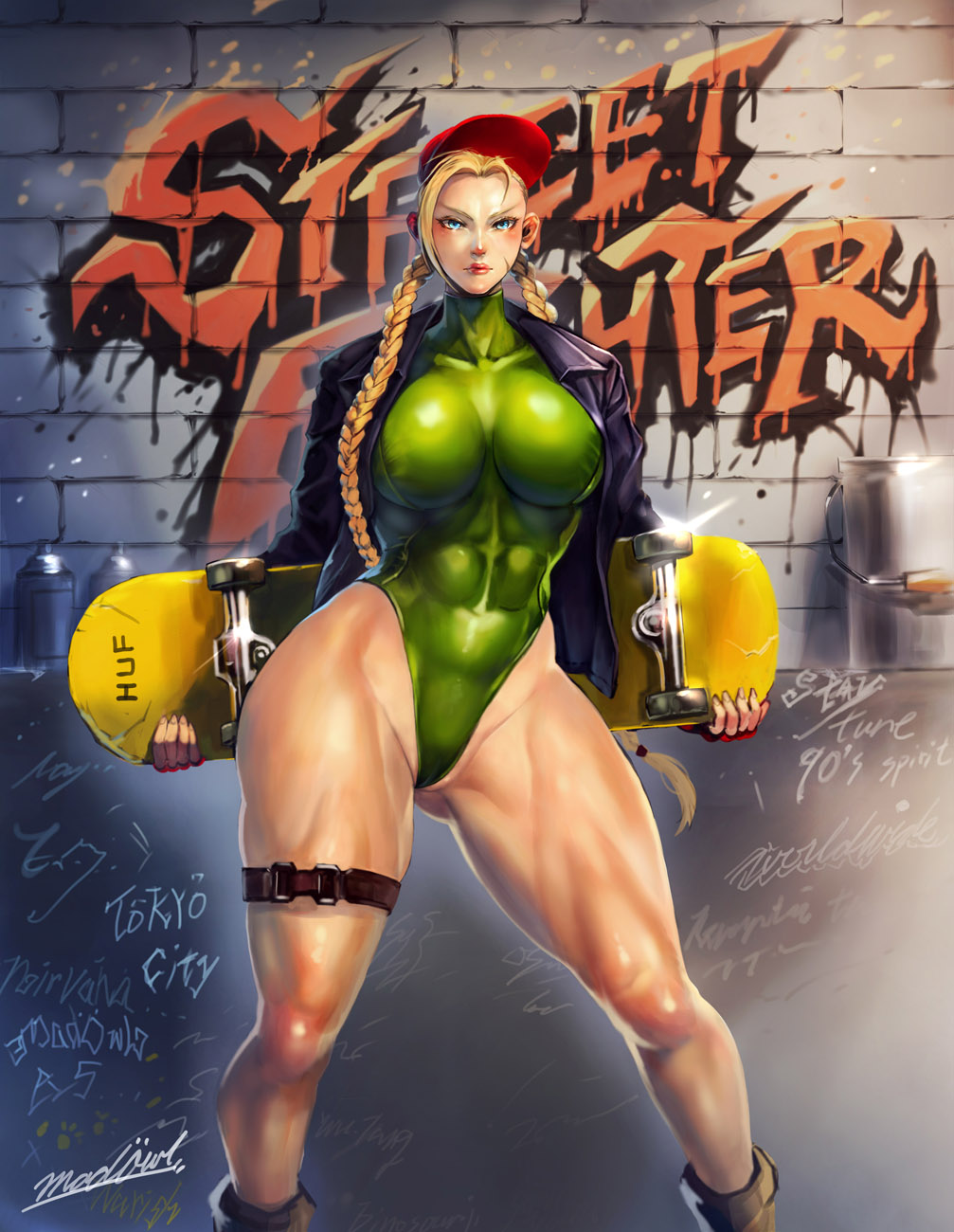 1girl abs baseball_cap black_jacket blonde_hair blue_eyes blush boots braid breasts brick_wall brown_footwear bucket cammy_white collarbone fingerless_gloves gloves gluteal_fold graffiti green_leotard hat heattech_leotard highleg highres jacket large_breasts leotard long_hair looking_at_viewer madowl muscular muscular_female red_gloves red_headwear scar scar_on_face signature skateboard spray_can street_fighter thick_thighs thigh_strap thighs turtleneck twin_braids twintails wide_hips