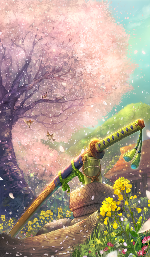 animal architecture basket bird blue_sky blurry blurry_background cherry_blossoms cherry_tree commentary day dutch_angle fate/grand_order fate_(series) flower flower_request katana no_humans official_art outdoors pink_flower sakumamitsuro scenery sheath sheathed sky sunlight sword third-party_source tree weapon yellow_flower