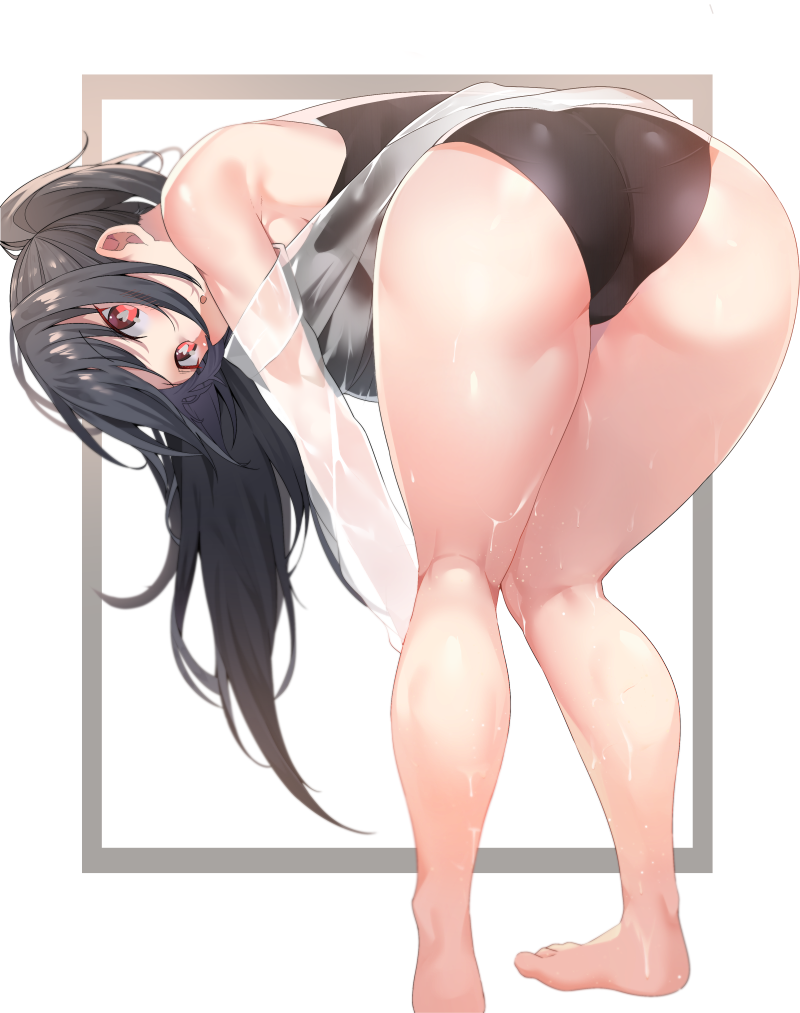 1girl :o ass barefoot bent_over black_hair black_one-piece_swimsuit breasts commentary commission female_focus from_behind heart heart-shaped_pupils k_pring kneepits large_breasts legs long_hair looking_at_viewer looking_back one-piece_swimsuit original parted_lips ponytail red_eyes simple_background solo swimsuit symbol-shaped_pupils thighs wet white_background