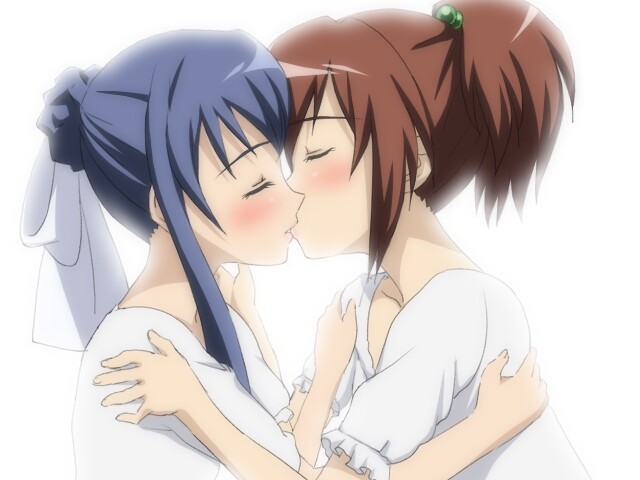 00s 2girls aoi_nagisa blue_hair blush couple closed_eyes frilled_sleeves frills hair_bobbles hair_bun hair_ornament hair_ribbon high_ponytail kiss multiple_girls ponytail profile red_hair ribbon sanshita short_sleeves sidelocks single_hair_bun strawberry_panic! suzumi_tamao upper_body white_background white_ribbon yuri