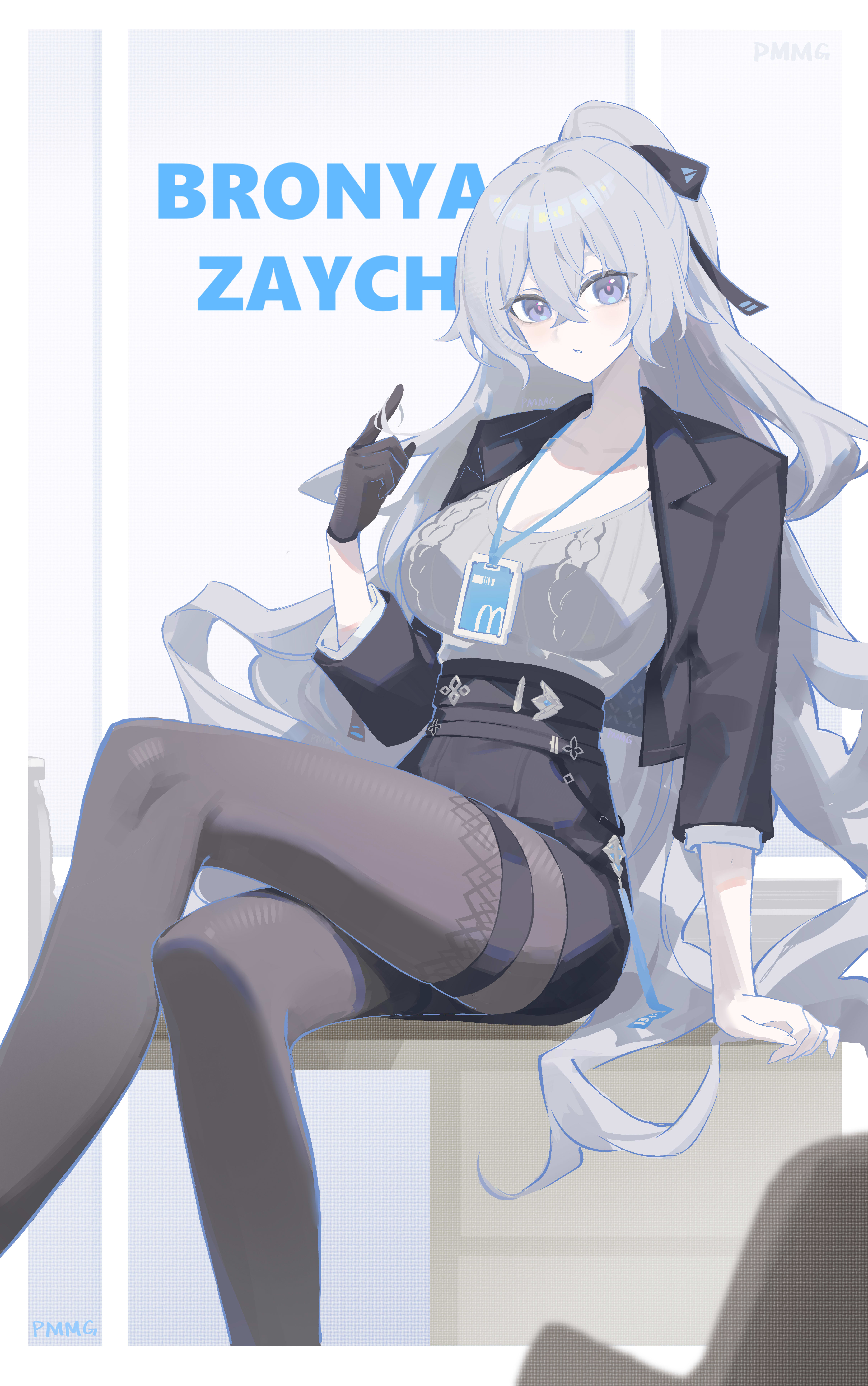 1girl absurdres black_gloves black_jacket black_pantyhose black_skirt bronya_zaychik bronya_zaychik_(outstanding_attitude) bronya_zaychik_(silverwing:_n-ex) character_name commentary_request crossed_bangs crossed_legs desk gloves grey_background grey_eyes grey_hair grey_sweater hand_up highres honkai_(series) honkai_impact_3rd id_card jacket long_hair long_sleeves looking_at_viewer office_lady official_alternate_costume on_desk open_clothes open_jacket pantyhose parted_lips pmg revision simple_background single_glove sitting skirt solo sweater very_long_hair