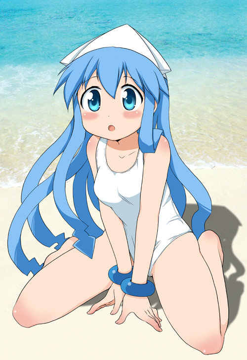 1girl :o barefoot blue_eyes blue_hair blush female_focus hat ikamusume long_hair matching_hair/eyes one-piece_swimsuit shinryaku!_ikamusume sitting solo swimsuit tentacle_hair ubizo wariza white_one-piece_swimsuit
