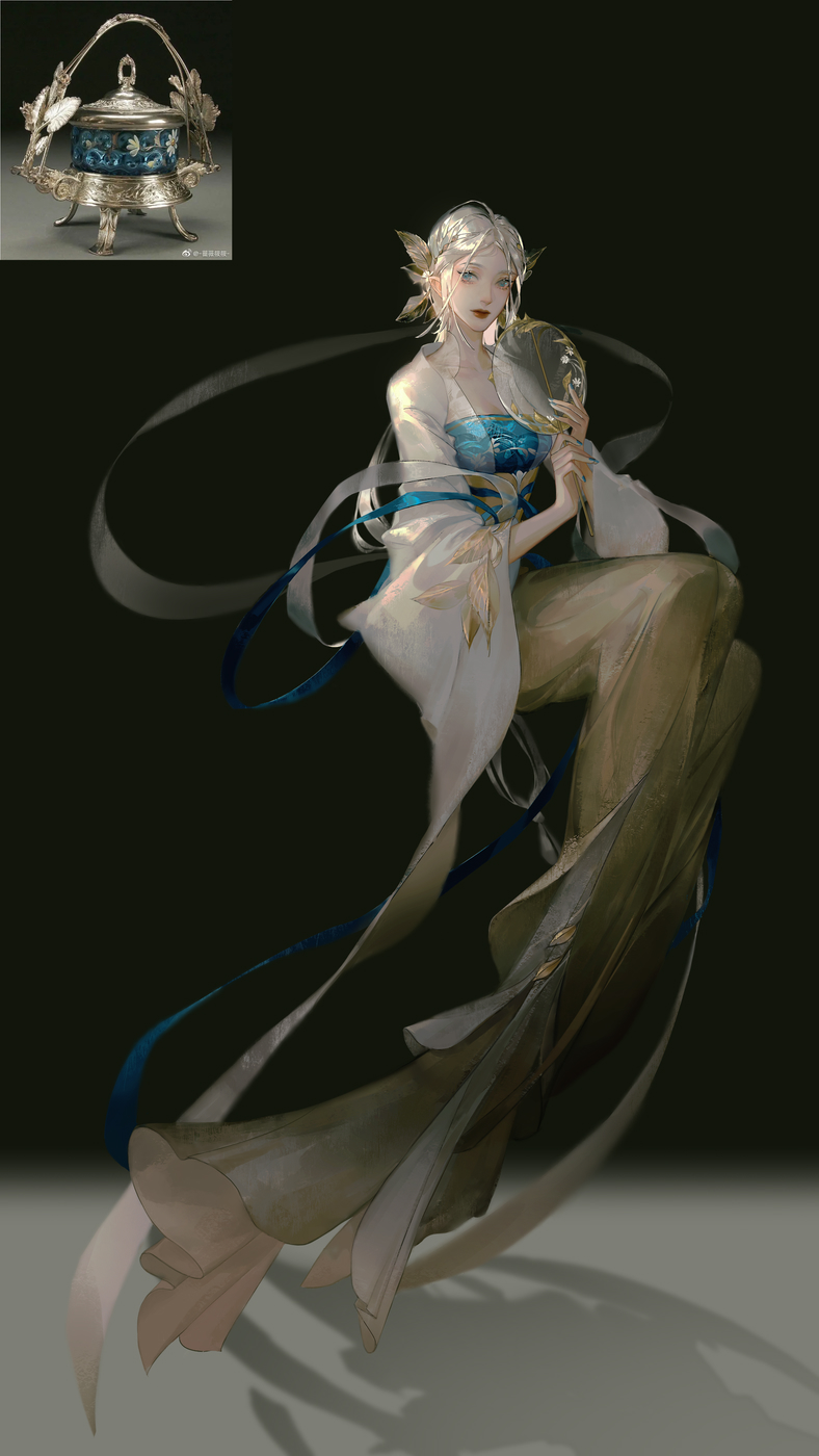 1girl aqua_eyes aqua_shirt azz breasts chinese_clothes cleavage duijin_ruqun floating full_body hagoromo hand_fan hanfu highres long_hair long_skirt looking_at_viewer original personification photo_inset red_lips reference_inset see-through_cardigan shawl shirt skirt solo tuanshan watermark weibo_watermark white_hair yellow_skirt